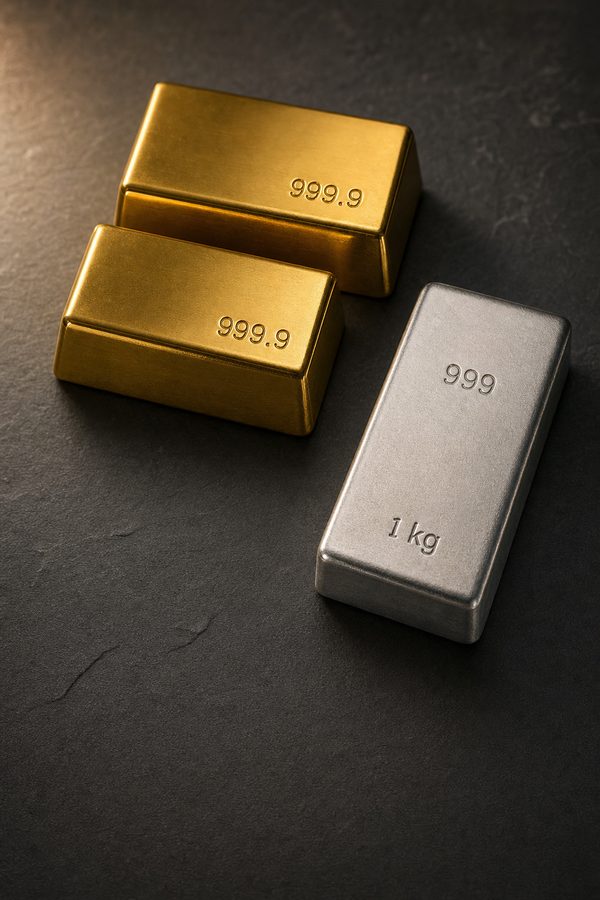Goldbarren und ein Silberbarren auf dunklem Schiefer
